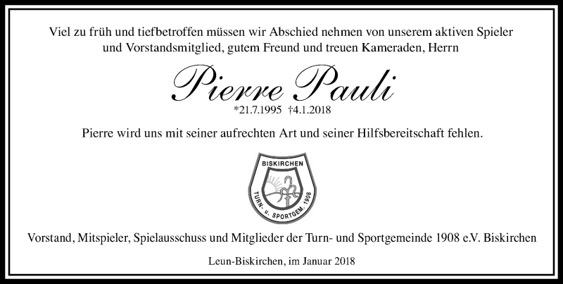  Traueranzeige für Pierre Pauli vom 09.01.2018 aus Wetzlarer Neue Zeitung