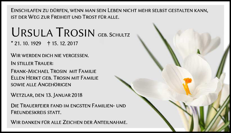  Traueranzeige für Ursula Trosin vom 13.01.2018 aus Wetzlarer Neue Zeitung