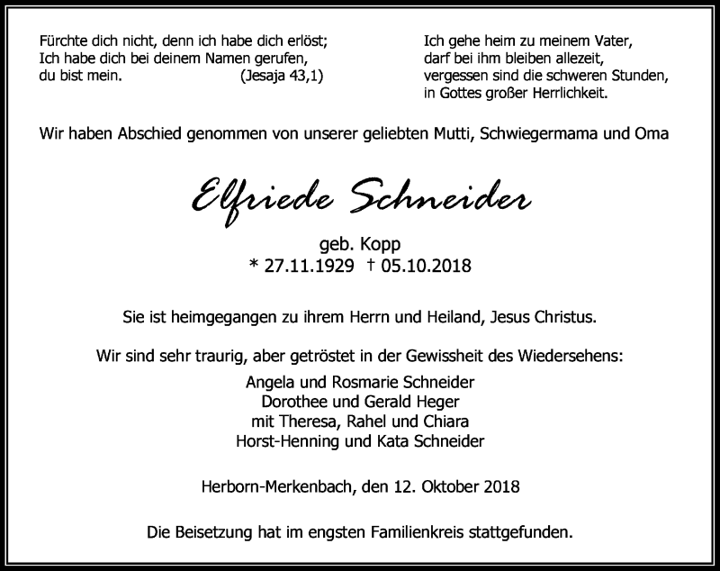  Traueranzeige für Elfriede Schneider vom 12.10.2018 aus Dill-Block