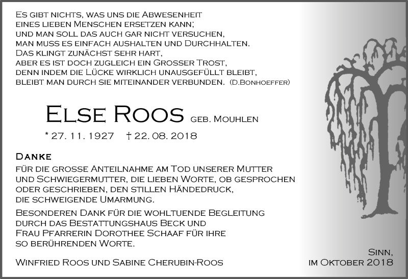  Traueranzeige für Else Roos vom 06.10.2018 aus Dill-Block