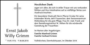 Traueranzeige von Ernst Jakob Willy Grimm von Wetzlarer Neue Zeitung