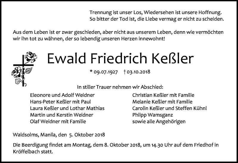  Traueranzeige für Ewald Friedrich Keßler vom 05.10.2018 aus Wetzlarer Neue Zeitung