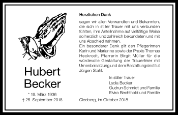 Traueranzeige von Hubert Becker von Wetzlarer Neue Zeitung