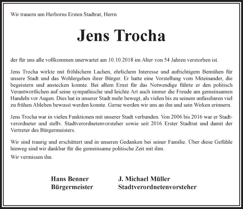  Traueranzeige für Jens Trocha vom 19.10.2018 aus Dill-Block
