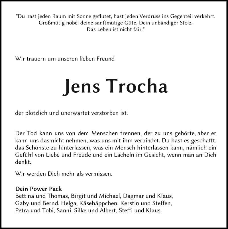  Traueranzeige für Jens Trocha vom 23.10.2018 aus Dill-Block