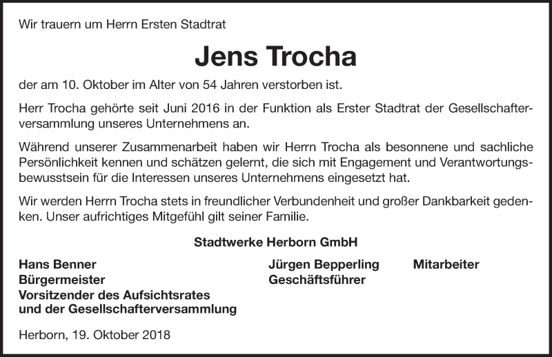  Traueranzeige für Jens Trocha vom 19.10.2018 aus Dill-Block