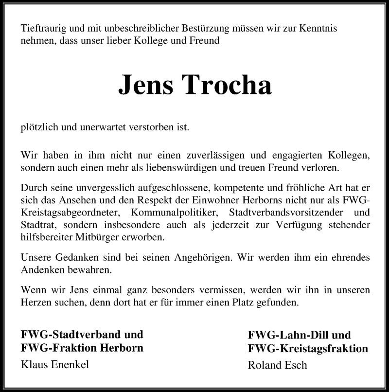  Traueranzeige für Jens Trocha vom 22.10.2018 aus Dill-Block