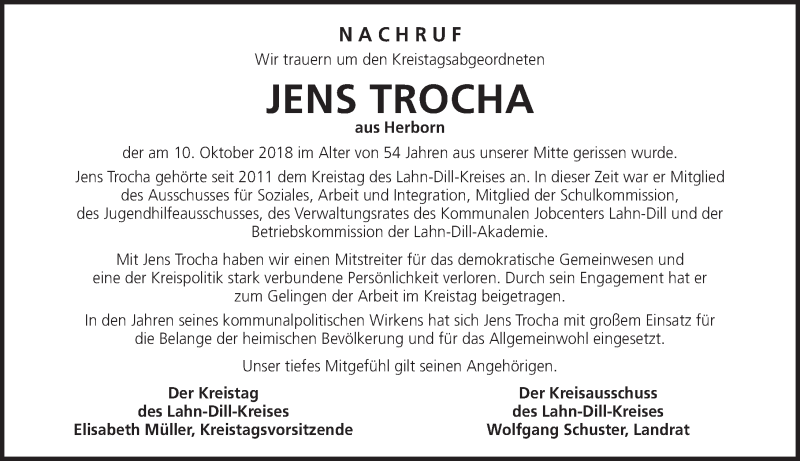  Traueranzeige für Jens Trocha vom 20.10.2018 aus Dill-Block