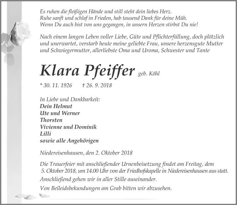  Traueranzeige für Klara Pfeiffer vom 02.10.2018 aus Hinterländer Anzeiger