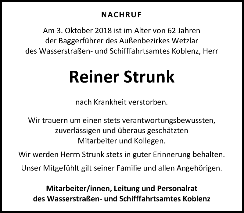  Traueranzeige für Reiner Strunk vom 10.10.2018 aus Wetzlarer Neue Zeitung