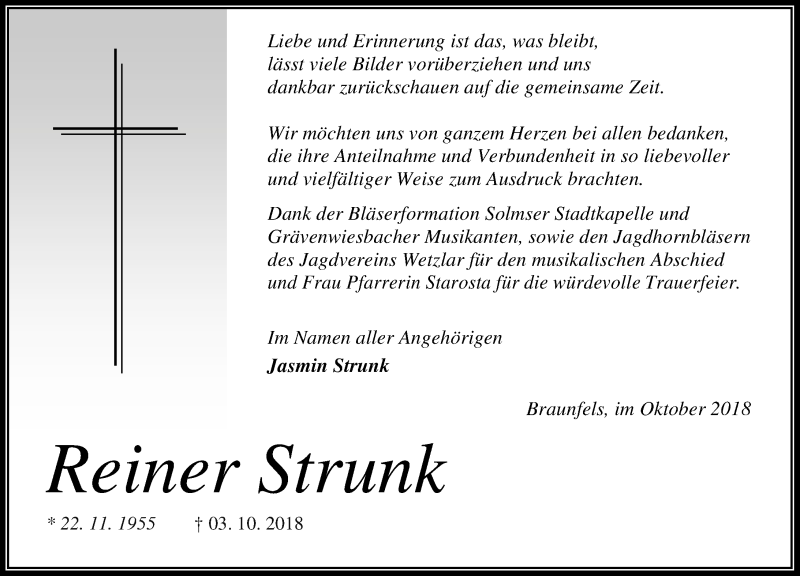  Traueranzeige für Reiner Strunk vom 20.10.2018 aus Wetzlarer Neue Zeitung