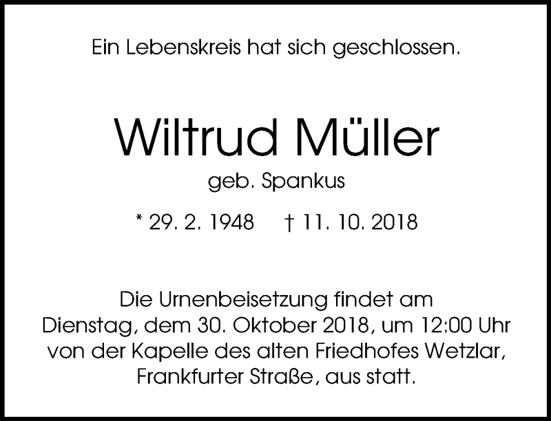  Traueranzeige für Wiltrud Müller vom 20.10.2018 aus Wetzlarer Neue Zeitung