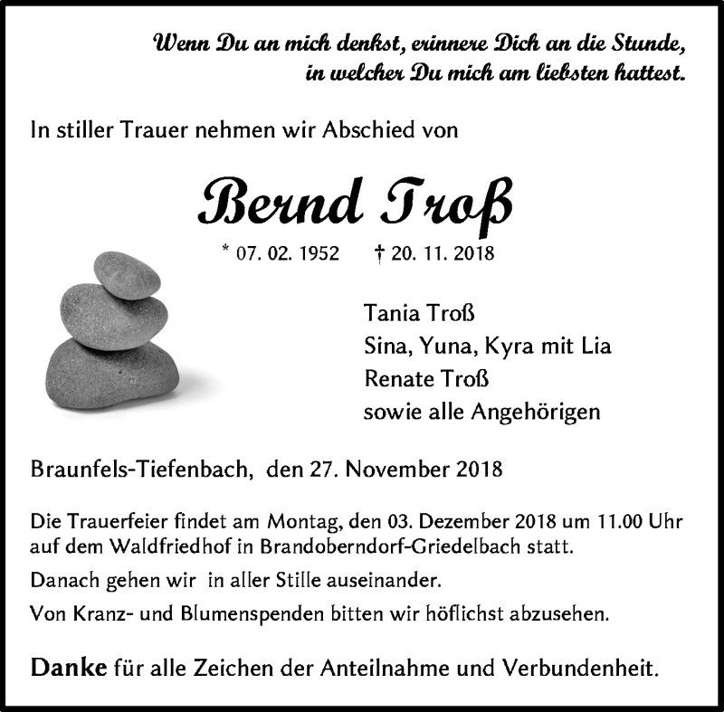  Traueranzeige für Bernd Troß vom 27.11.2018 aus Wetzlarer Neue Zeitung