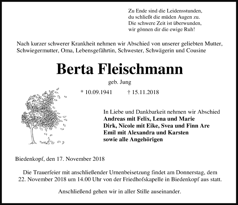  Traueranzeige für Berta Fleischmann vom 17.11.2018 aus Hinterländer Anzeiger