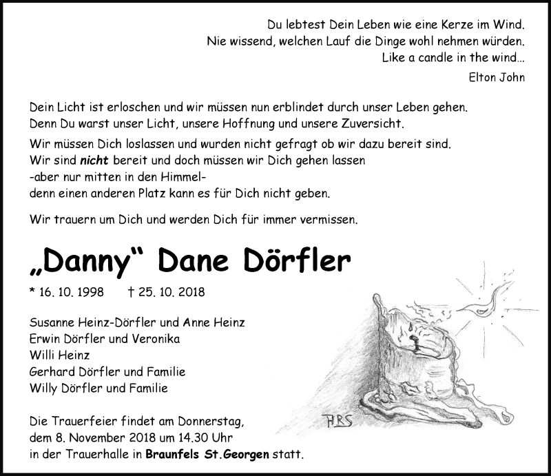  Traueranzeige für Dane Dörfler vom 06.11.2018 aus Wetzlarer Neue Zeitung
