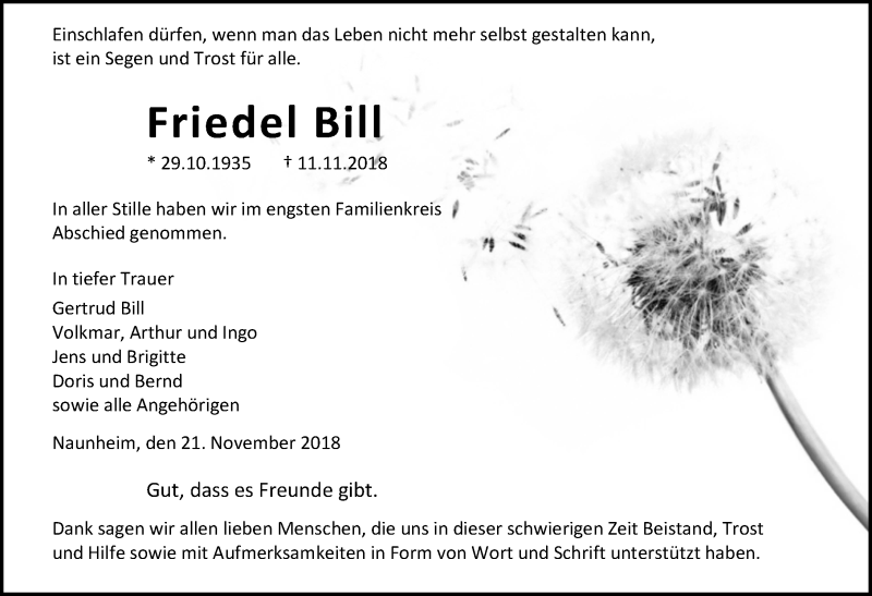  Traueranzeige für Friedel Bill vom 21.11.2018 aus Wetzlarer Neue Zeitung