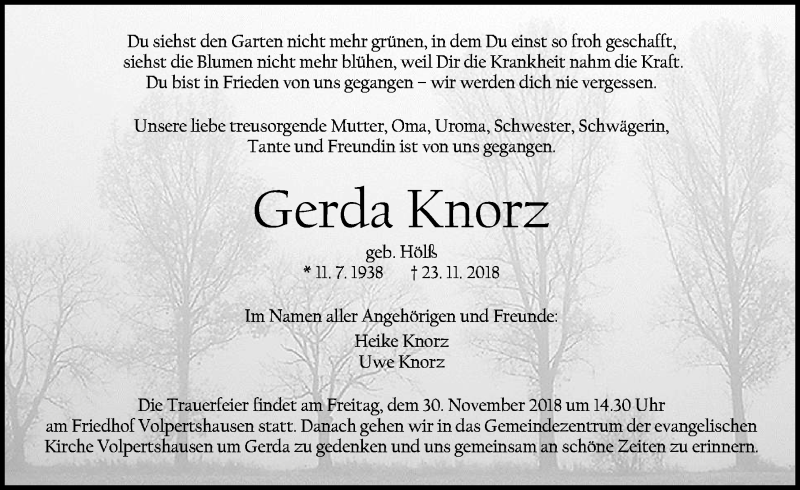  Traueranzeige für Gerda Knorz vom 27.11.2018 aus Wetzlarer Neue Zeitung