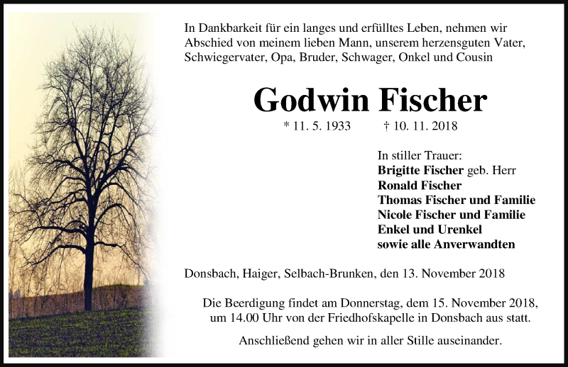  Traueranzeige für Godwin Fischer vom 13.11.2018 aus Dill-Block