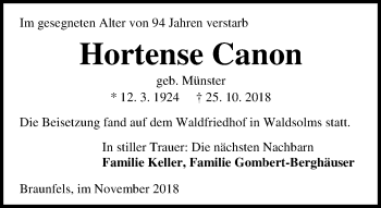 Traueranzeige von Hortense Canon von Wetzlarer Neue Zeitung
