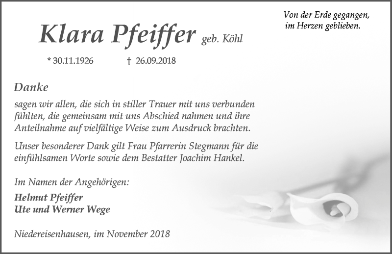  Traueranzeige für Klara Pfeiffer vom 03.11.2018 aus Hinterländer Anzeiger