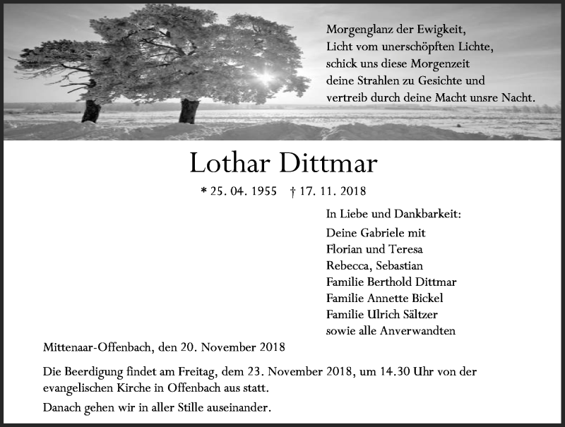  Traueranzeige für Lothar Dittmar vom 20.11.2018 aus Dill-Block