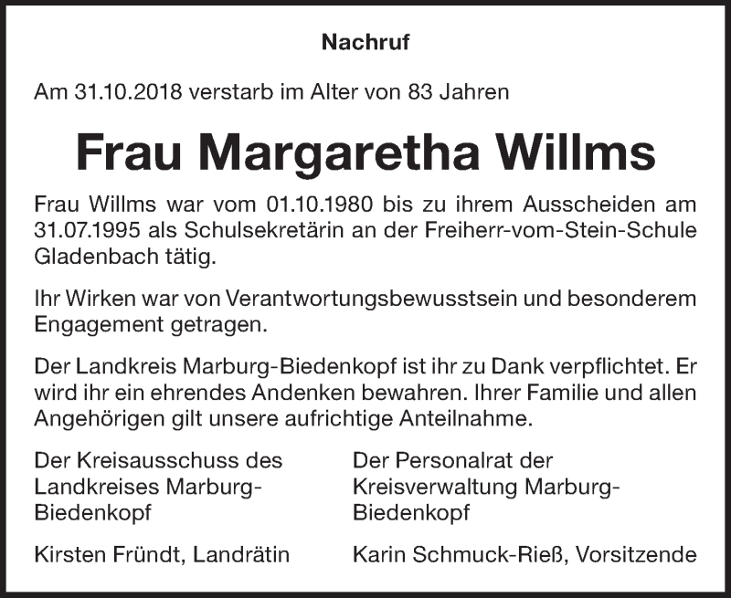  Traueranzeige für Margaretha Willms vom 10.11.2018 aus Hinterländer Anzeiger