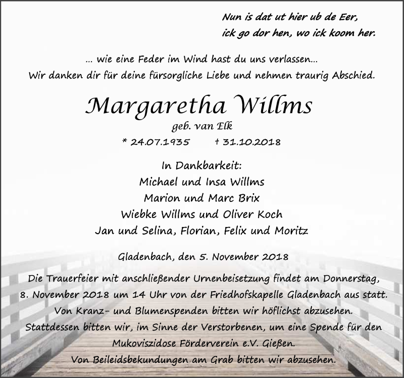  Traueranzeige für Margaretha Willms vom 05.11.2018 aus Hinterländer Anzeiger