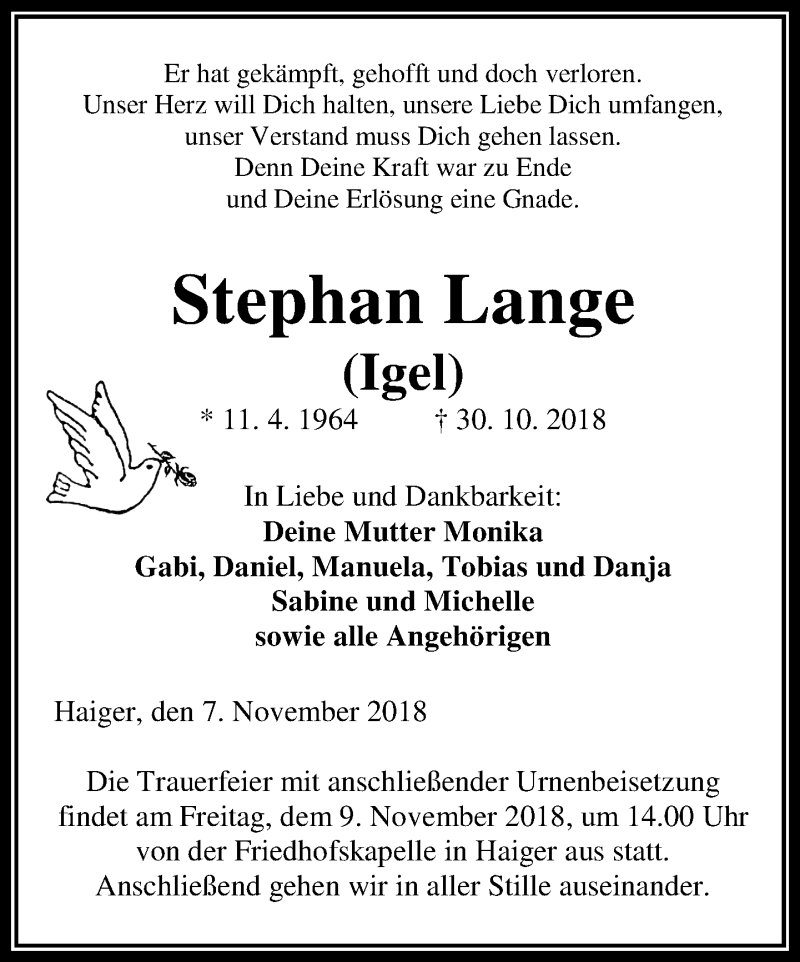  Traueranzeige für Stephan Lange vom 07.11.2018 aus Dill-Block