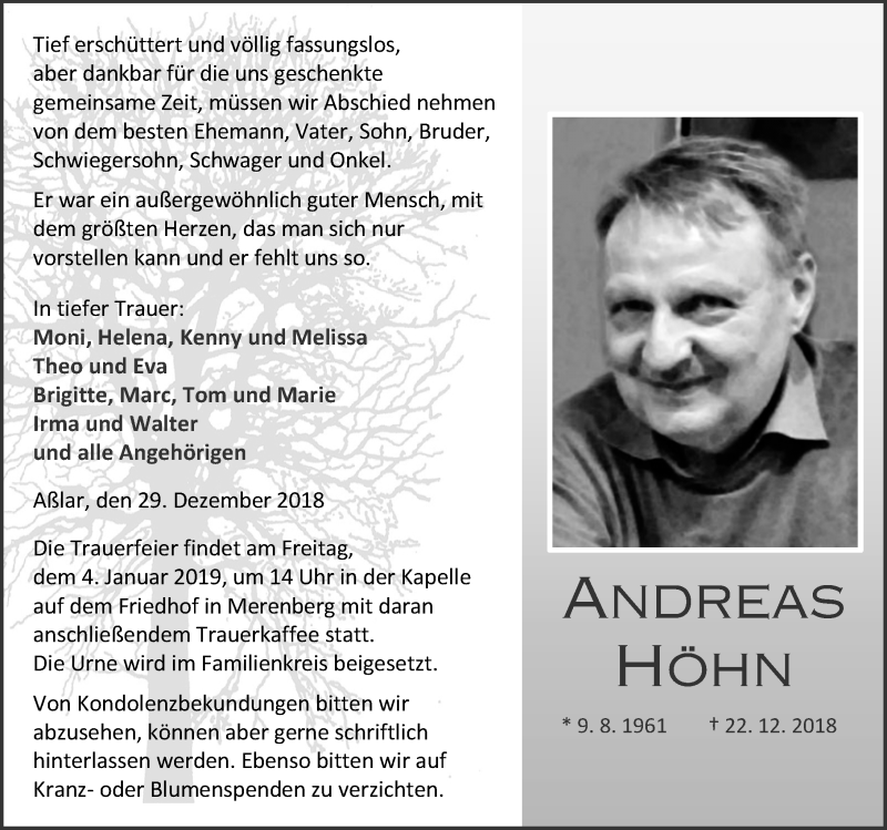  Traueranzeige für Andreas Höhn vom 29.12.2018 aus VRM Tageszeitung Lahn-Dill