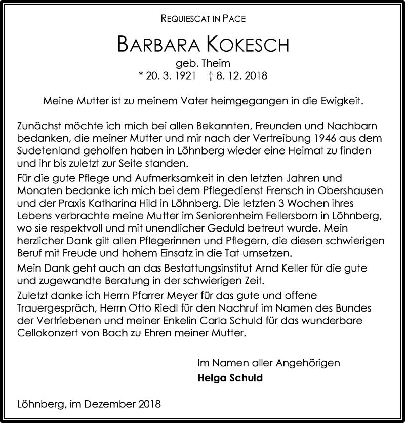  Traueranzeige für Barbara Kokesch vom 22.12.2018 aus Weilburger Tageblatt