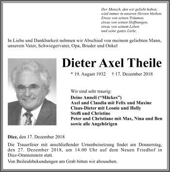 Traueranzeige von Dieter Axel Theile von Weilburger Tageblatt