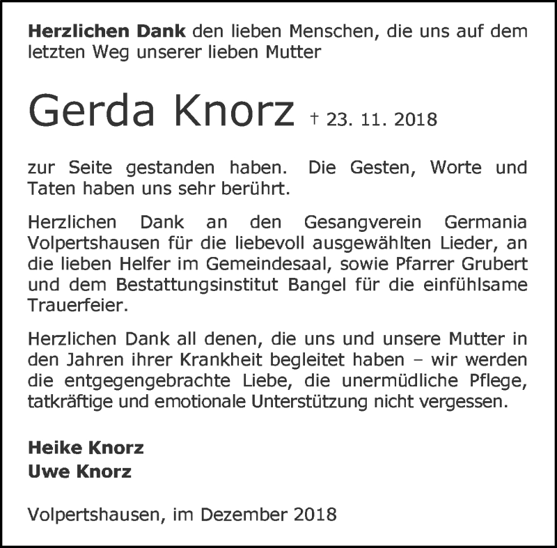  Traueranzeige für Gerda Knorz vom 22.12.2018 aus Wetzlarer Neue Zeitung