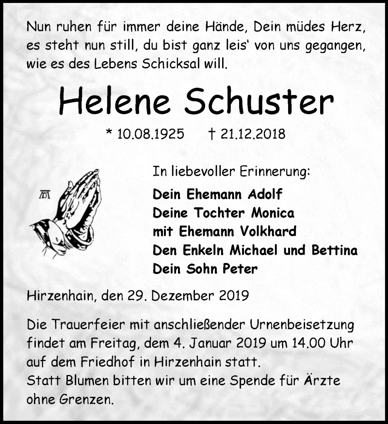  Traueranzeige für Helene Schuster vom 29.12.2018 aus Dill-Block