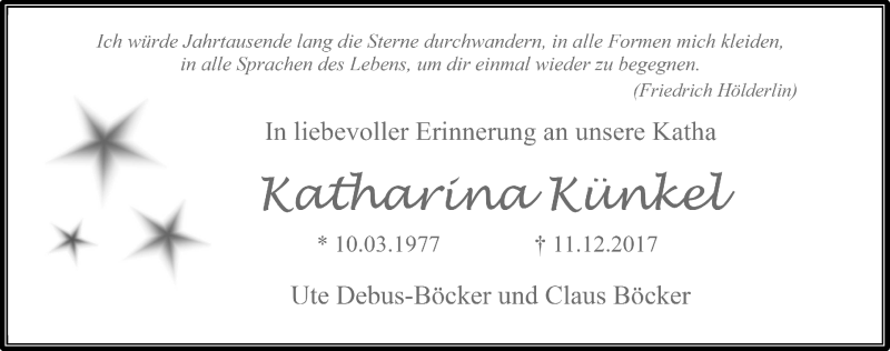  Traueranzeige für Katharina Künkel vom 11.12.2018 aus Hinterländer Anzeiger
