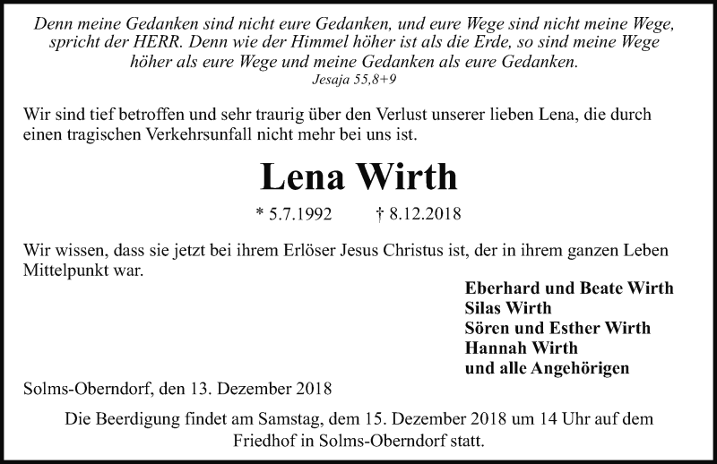  Traueranzeige für Lena Wirth vom 13.12.2018 aus Wetzlarer Neue Zeitung