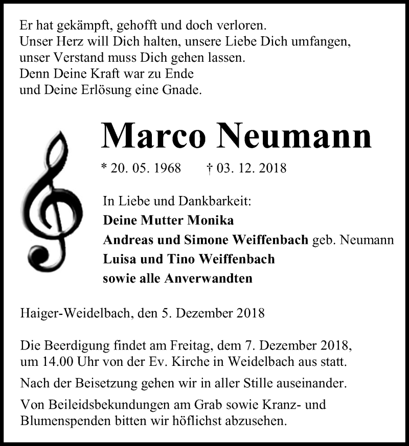  Traueranzeige für Marco Neumann vom 05.12.2018 aus Dill-Block