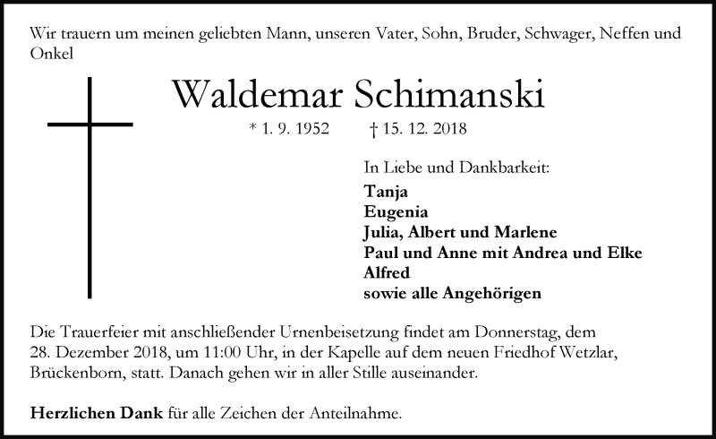  Traueranzeige für Waldemar Schimanski vom 22.12.2018 aus Wetzlarer Neue Zeitung
