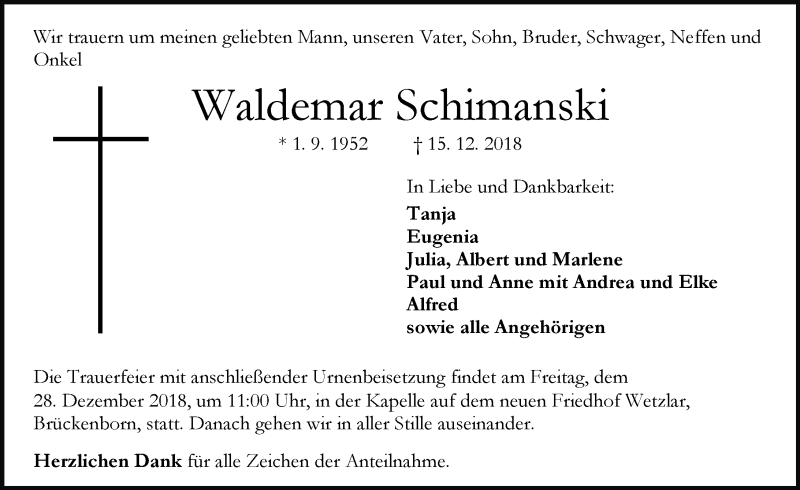  Traueranzeige für Waldemar Schimanski vom 24.12.2018 aus Wetzlarer Neue Zeitung