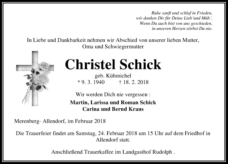  Traueranzeige für Christel Schick vom 21.02.2018 aus Weilburger Tageblatt