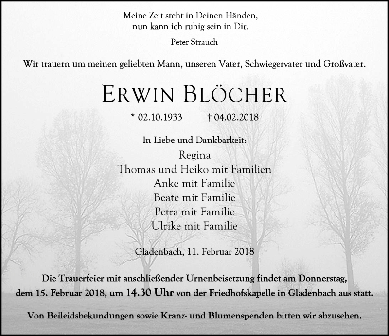  Traueranzeige für Erwin Blöcher vom 11.02.2018 aus Hinterländer Anzeiger