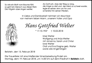 Traueranzeige von Hans Gottfried Welter von Wetzlarer Neue Zeitung
