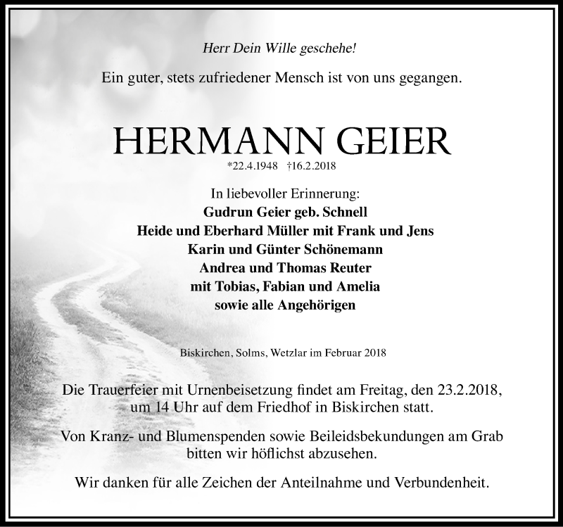  Traueranzeige für Hermann Geier vom 20.02.2018 aus Wetzlarer Neue Zeitung