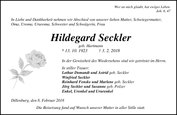 Traueranzeige von Hildegard Seckler von Dill-Block