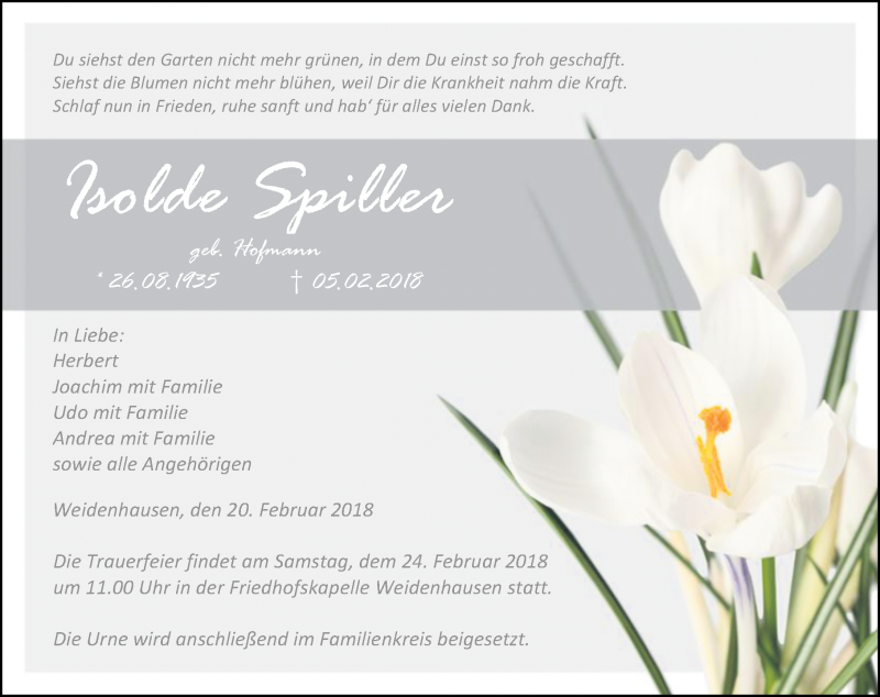 Traueranzeige für Isolde Spiller vom 20.02.2018 aus Hinterländer Anzeiger