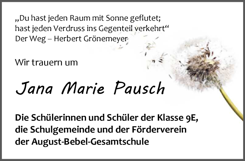  Traueranzeige für Jana Marie Pausch vom 03.02.2018 aus Wetzlarer Neue Zeitung