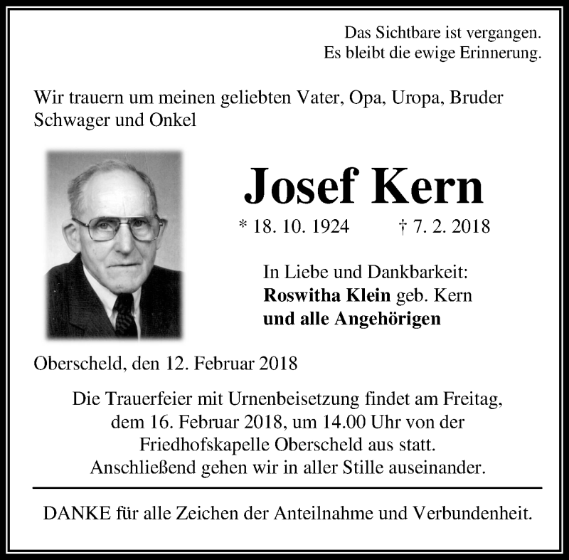  Traueranzeige für Josef Kern vom 12.02.2018 aus Dill-Block