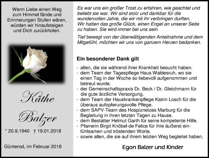  Traueranzeige für Käthe Balzer vom 24.02.2018 aus Hinterländer Anzeiger