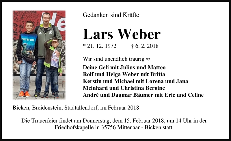  Traueranzeige für Lars Weber vom 13.02.2018 aus Dill-Block