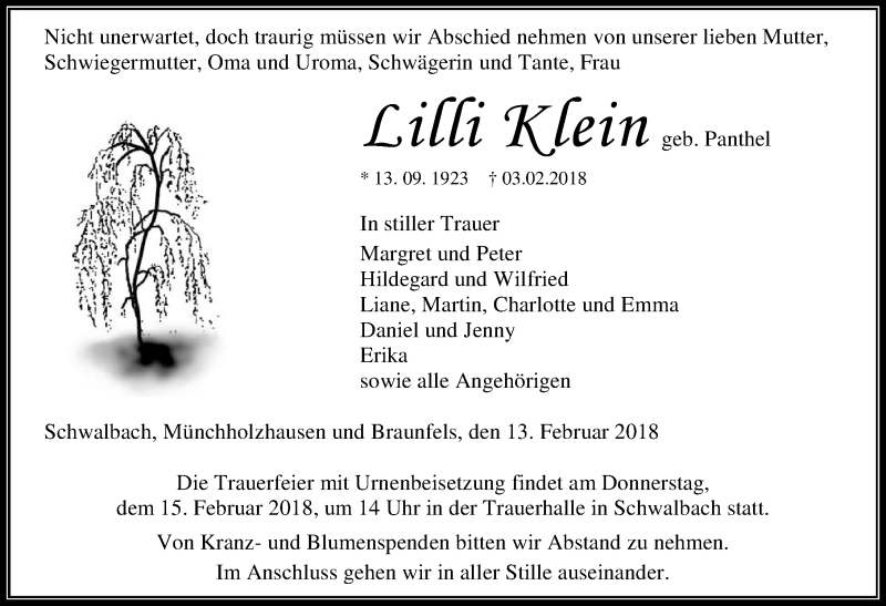  Traueranzeige für Lilli Klein vom 13.02.2018 aus Wetzlarer Neue Zeitung
