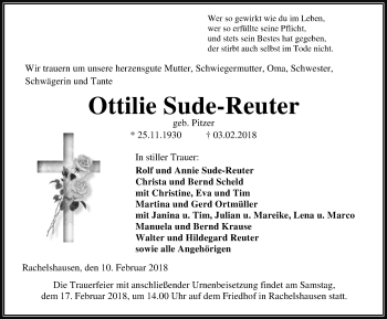 Traueranzeige von Ottilie Sude-Reuter von Hinterländer Anzeiger